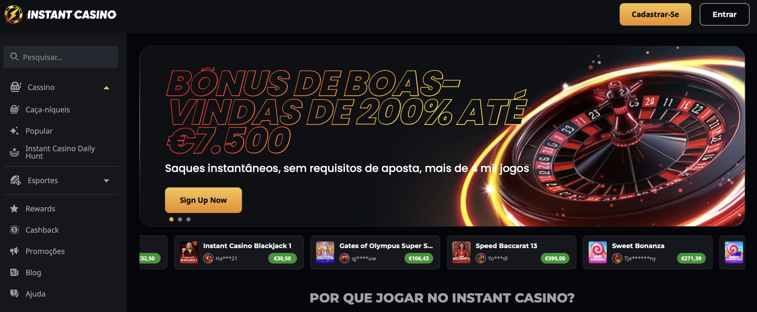 Instant Casino - Saque Instantâneo via Pix em Cassino Estrangeiro